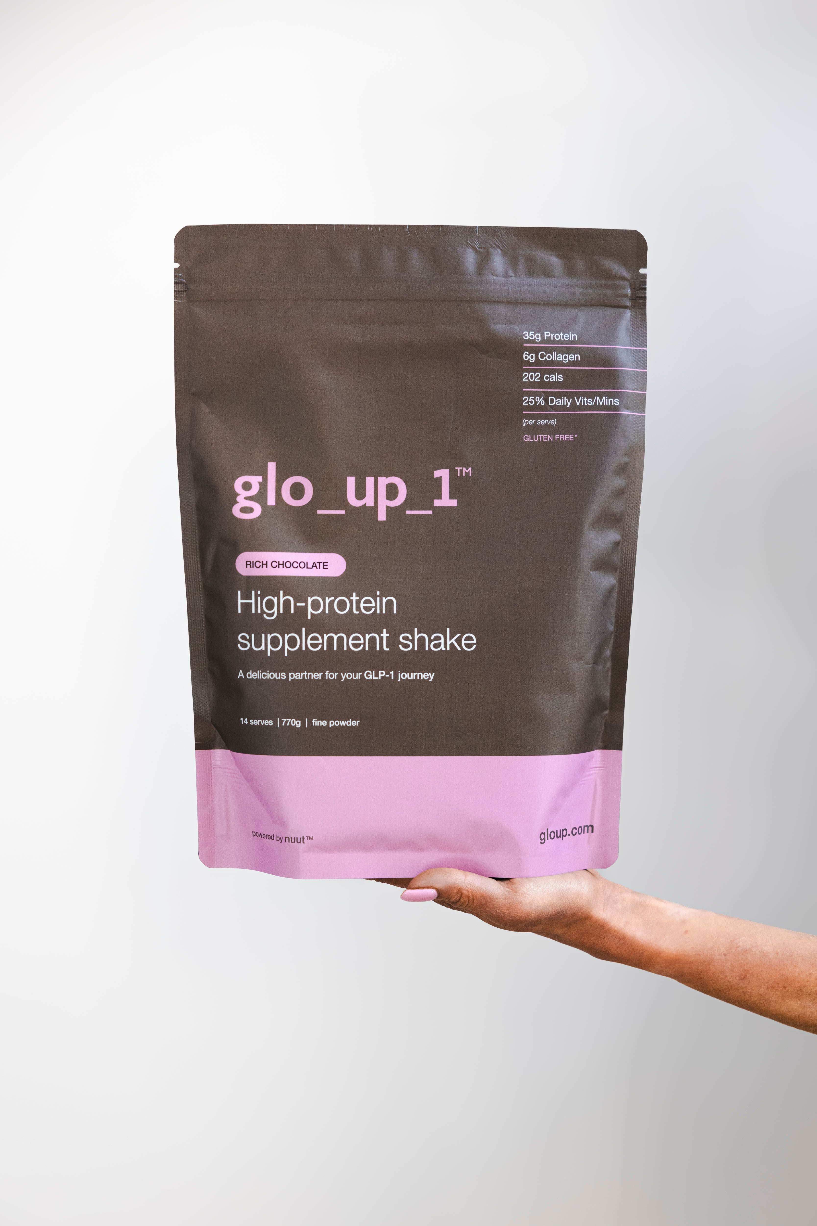 Packaging for glo_up_1, a high-protein supplement shake for GLP-1 users