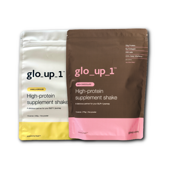 Packaging for the chocolate and vanilla glo_up_1 flavours in the top deck bundle