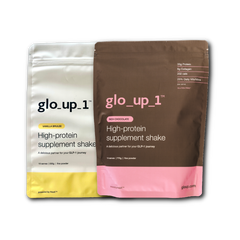 Packaging for the chocolate and vanilla glo_up_1 flavours in the top deck bundle
